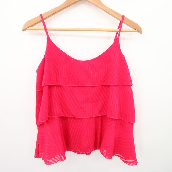 Anthropologie Amadi Top Hot Pink Ruffle Textured Lined Preppy Flowy Scoop Neck - Picture 3 of 11